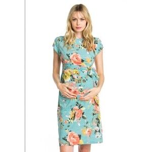 MyBump Maternity Wendy Mint Floral Bow Tie Midi Dress Size Small
